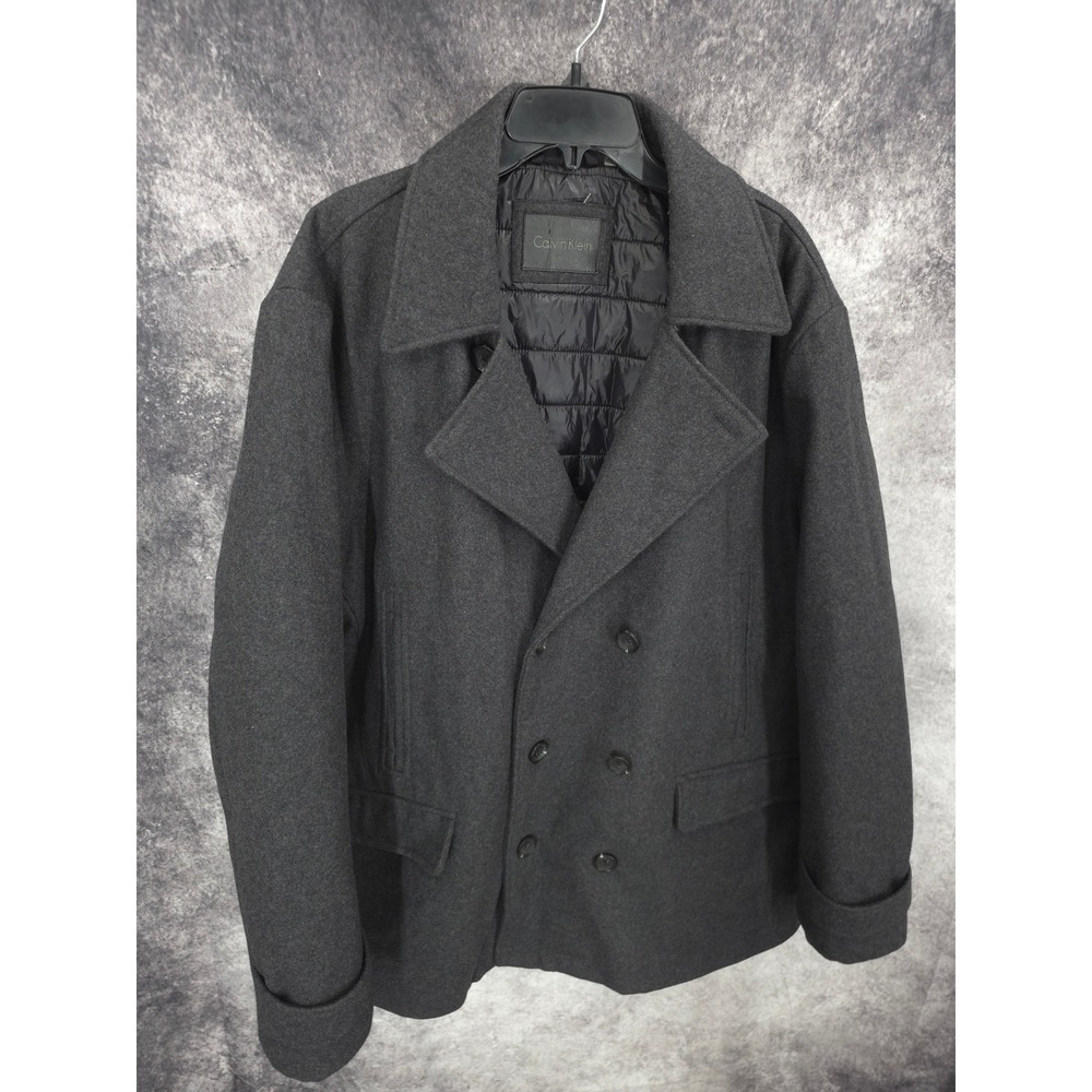 Calvin Klein Pea Coat Mens 2XL Gray Double Breasted Quilt Lined Wool Blend Heavy